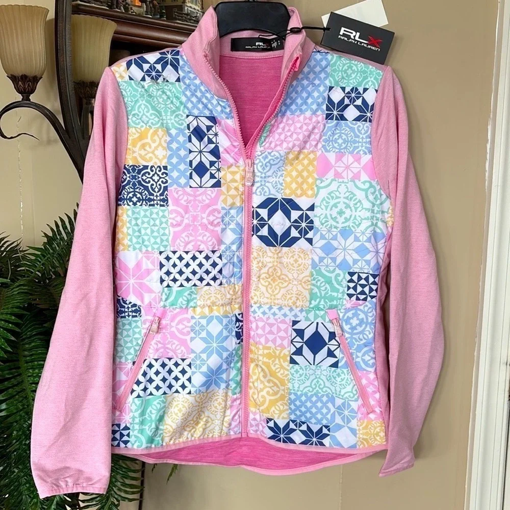 Brand New RLX Ralph Lauren Pink Pastel Patchwork Zip Up Golf Jacket